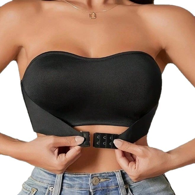 (Gr. M) Trägerloser Push Up Wickel BH Nahtloser Bandeau Büsten Halter mit Frontverschluss - Schwarz