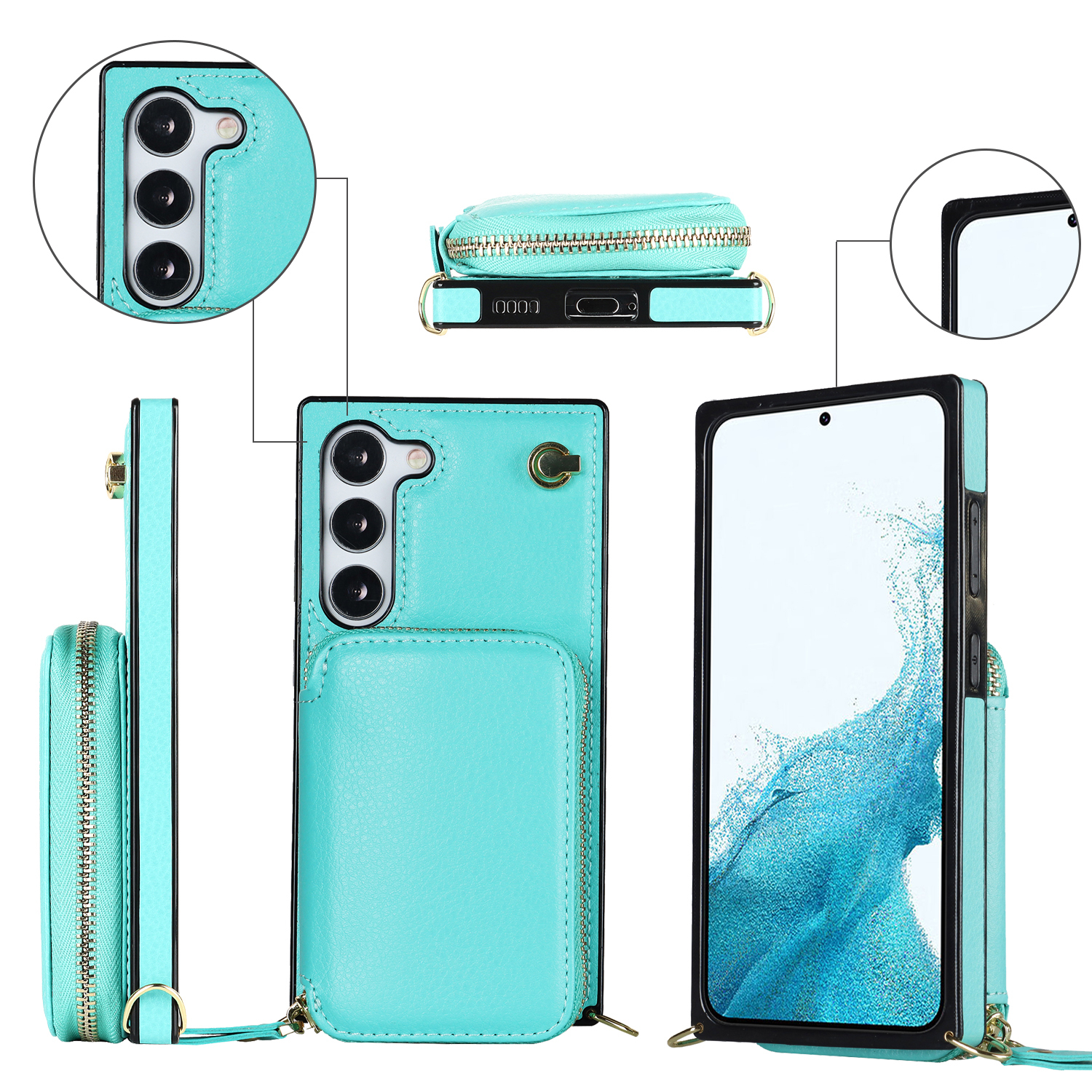 Samsung Galaxy S23 5G Necklace Leder Schutz Hülle mit Kartenfächer   Handykette (140cm) - Türkis