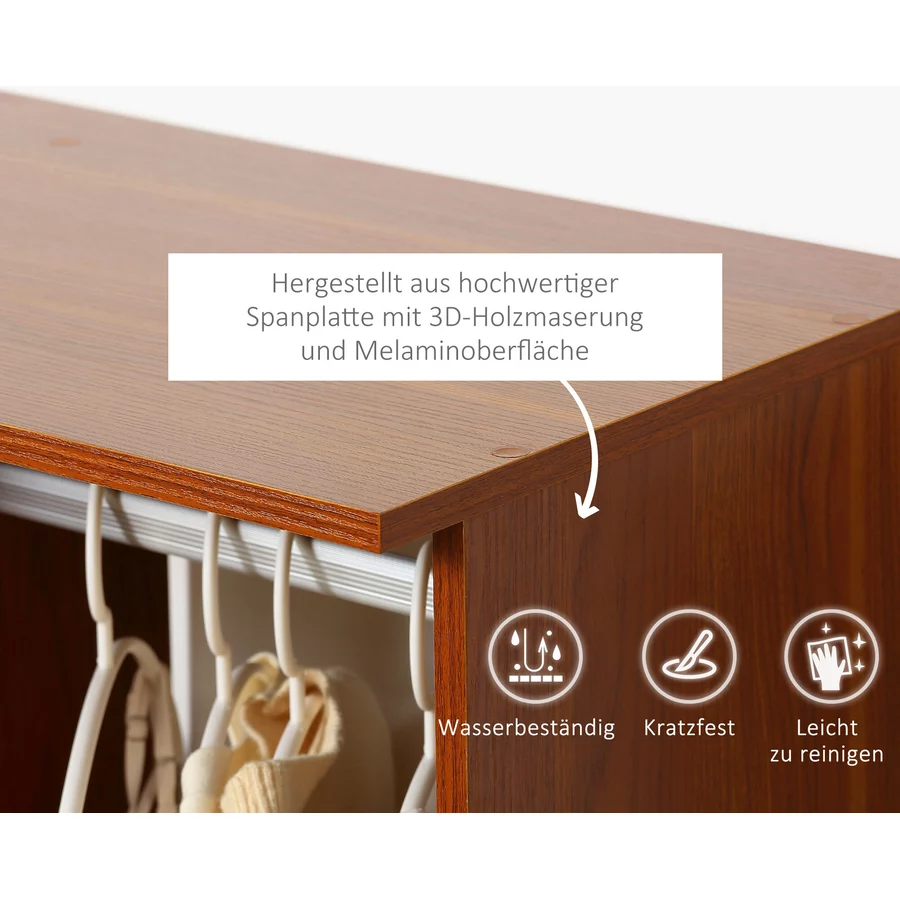 HOMCOM Kleiderschrank mit 4 Rädern und offenem Regalen natur
