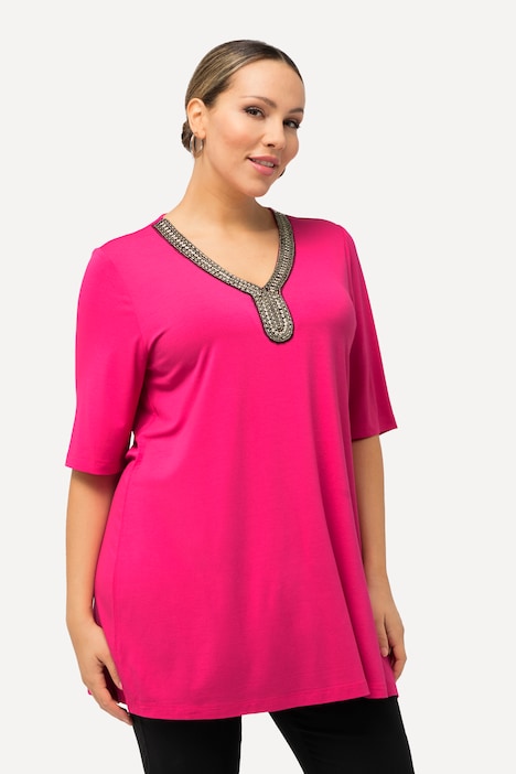 Shirt-Tunika, Perlen, A-Linie, Tunika-Ausschnitt, Halbarm