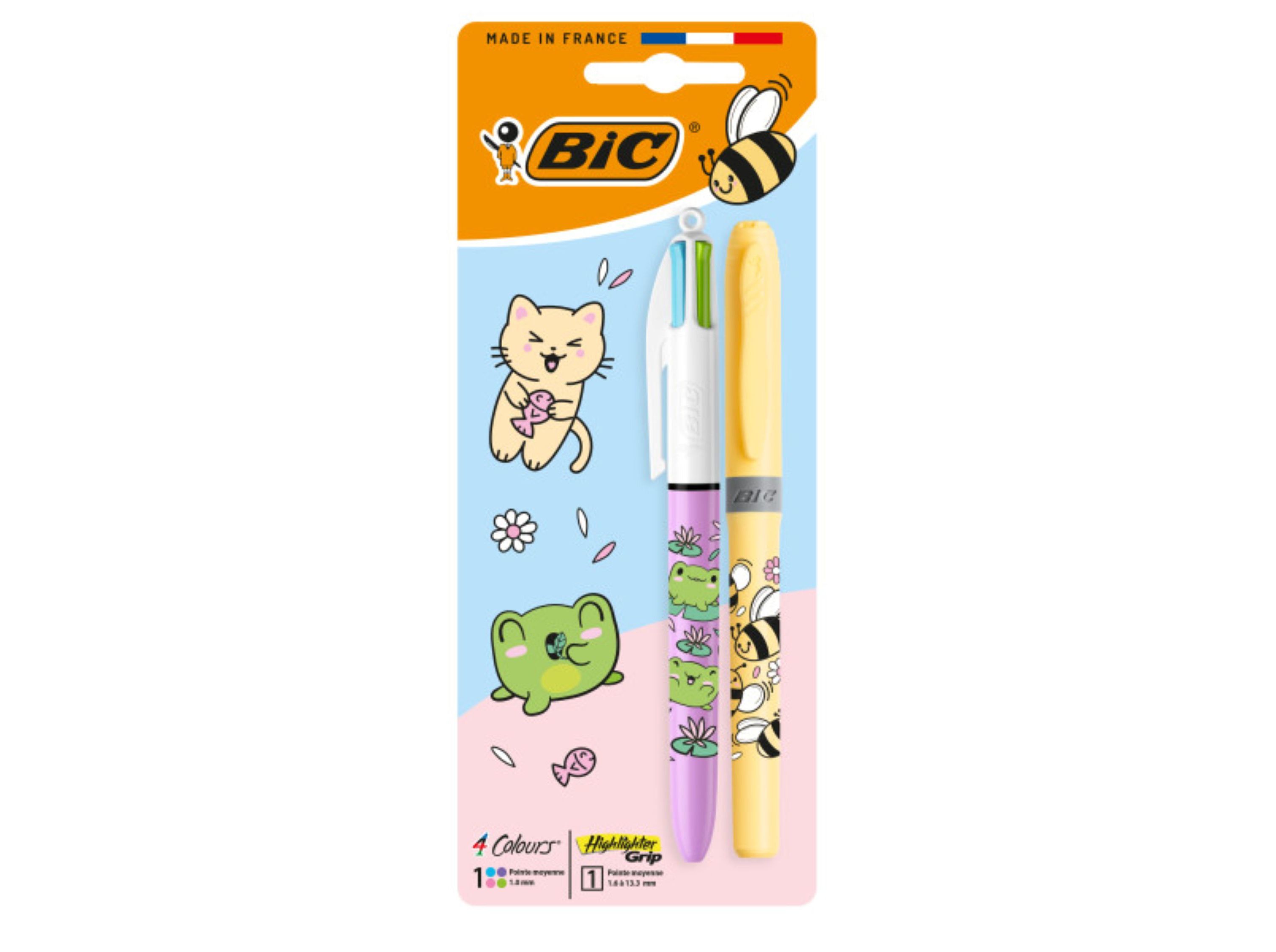 ESFEROGRÁFICA RETRÁTIL BIC KAWAI 4 CORES   SUBLINHADOR GRIP PASTEL 2 UNIDADES