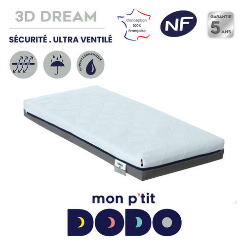 Matelas 3D dream ultra respirant et ventilé 60x120 cm Blanc/Anthracite - MON P'TIT DODO