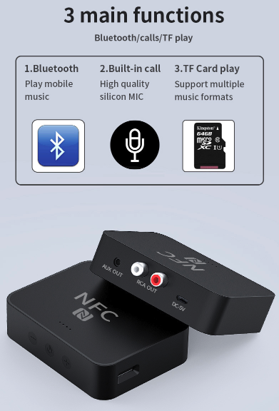 2in1 NFC Bluetooth 5.0 HD Audio Receiver mit 3.5mm Klinke / Cinch und Micro SD Slot - Schwarz