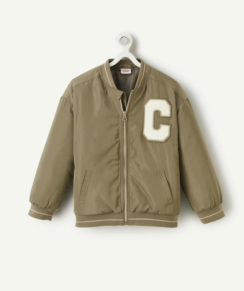 BOMBERS FILLE SATINÉ EN REMBOURRAGE RECYCLÉ KAKI ET PATCH EN BOUCLETTE