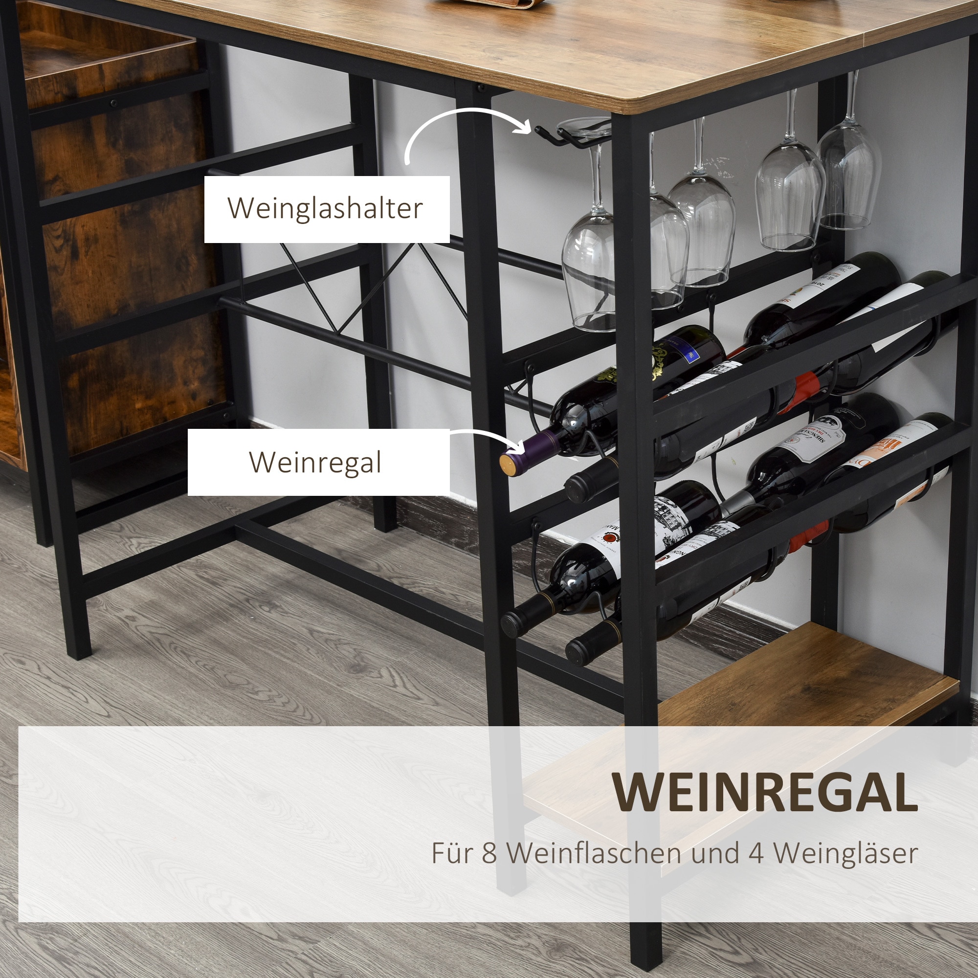 HOMCOM Bartisch-Set mit 2 Barhockern natur, schwarz