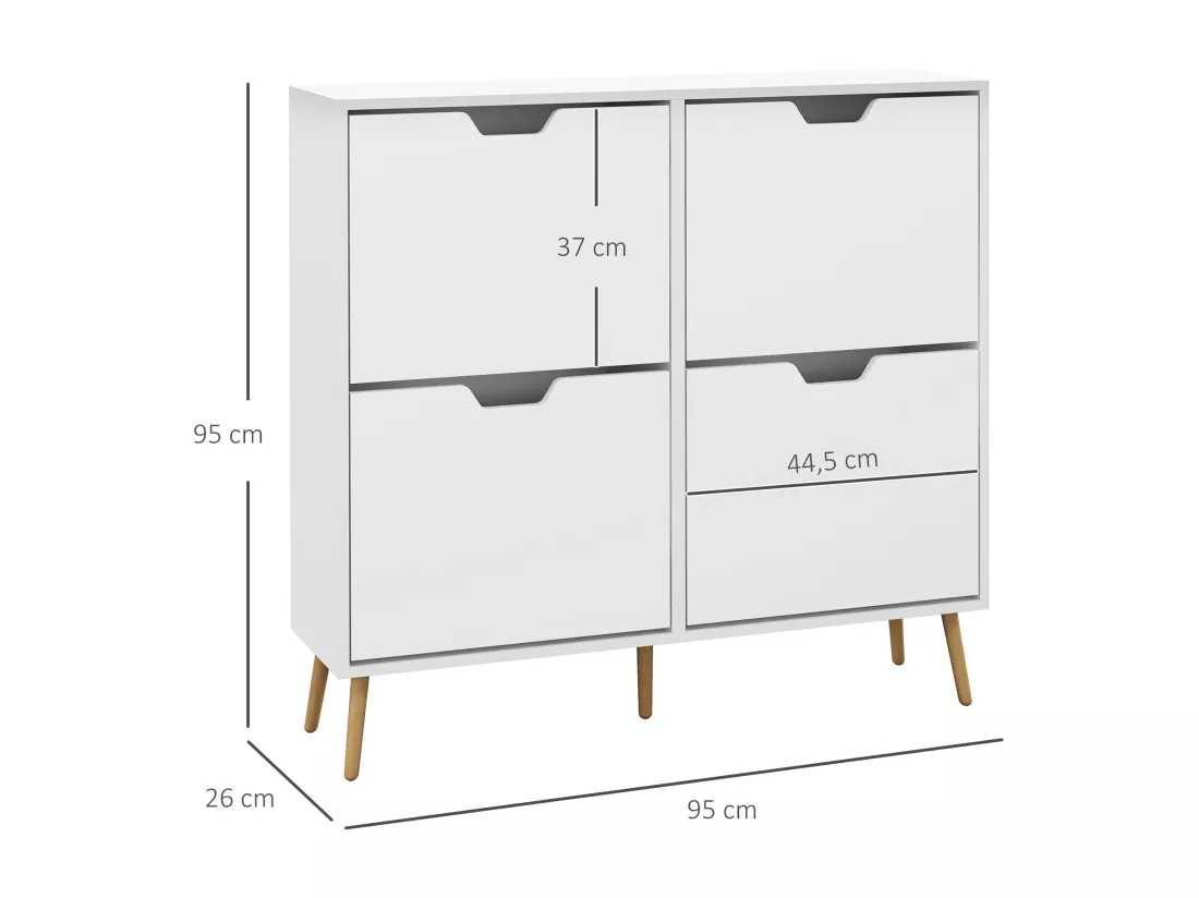 Meuble à chaussures design scandinave 4 portes abattantes 4 étagères réglables bois pin panneaux blanc