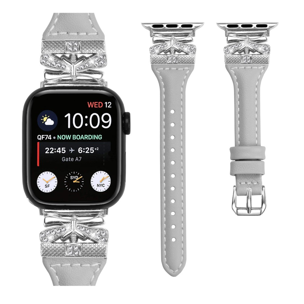 Apple Watch (42/41/40/38 mm) Leder Armband im Slim Design mit silberner Glitzerstein-Schnalle (Gelenkumfang: 175-220mm) - Grau