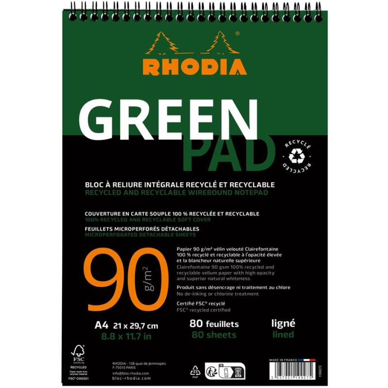 Greenpad bloc à reliure intégrale recyclé et recyclable en carte souple 350 g/m2 - A4+ 22,5x29,7 cm 80 feuillets Ligné - Papier Clairefontaine recyclé 90 g/m2 - Noir - New - Noir
