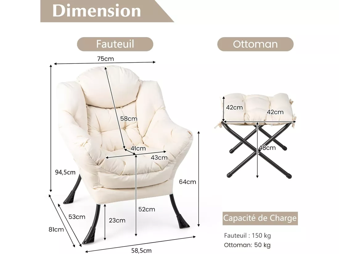 Fauteuil Salon Scandinave avec Repose-Pieds, Fauteuil Relax avec Oreiller et Poche Latérale, Fauteuil Chambre Confortable pour Lecture, Cadre en Métal pour Charger de 150 KG, Beige