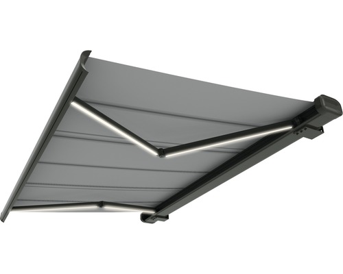 Cassettescherm Loano 6x3, effen grijsmix doek, frame RAL 7022 umbragrijs, inclusief motor, afstandsbediening en dimbare LED-verlichting