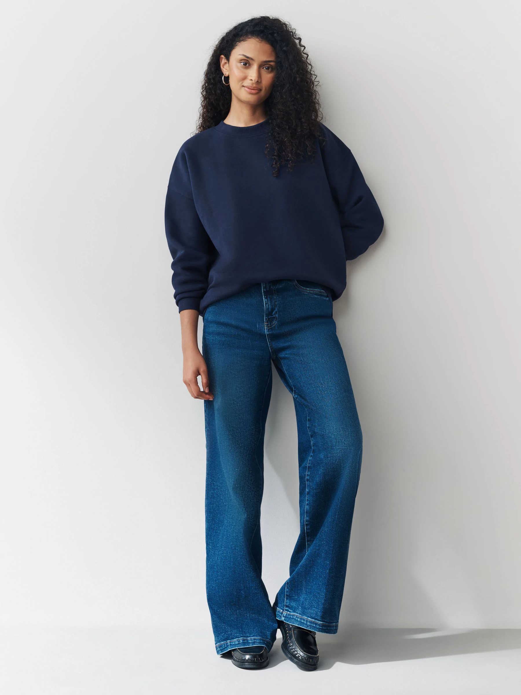 Marineblauw/geel - Supersoft Peached Essentials sweatshirts met ronde hals en naaddetail verpakking van 2