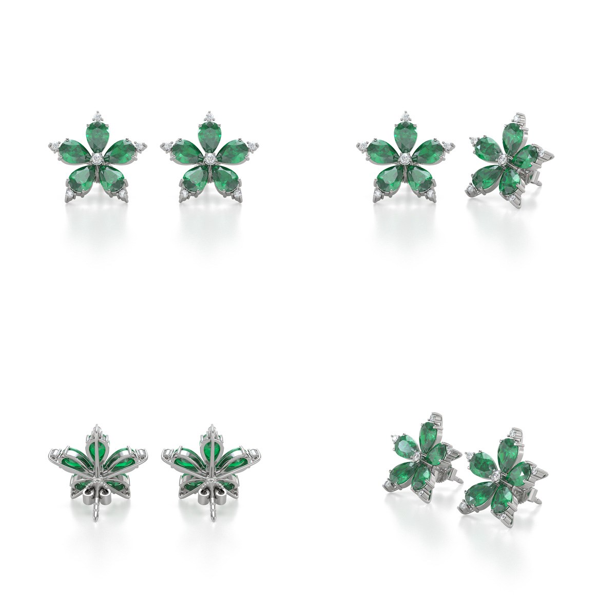 Boucles d'oreilles ADEN Or 585 Blanc Fleur Emeraude et Diamants 4.52grs