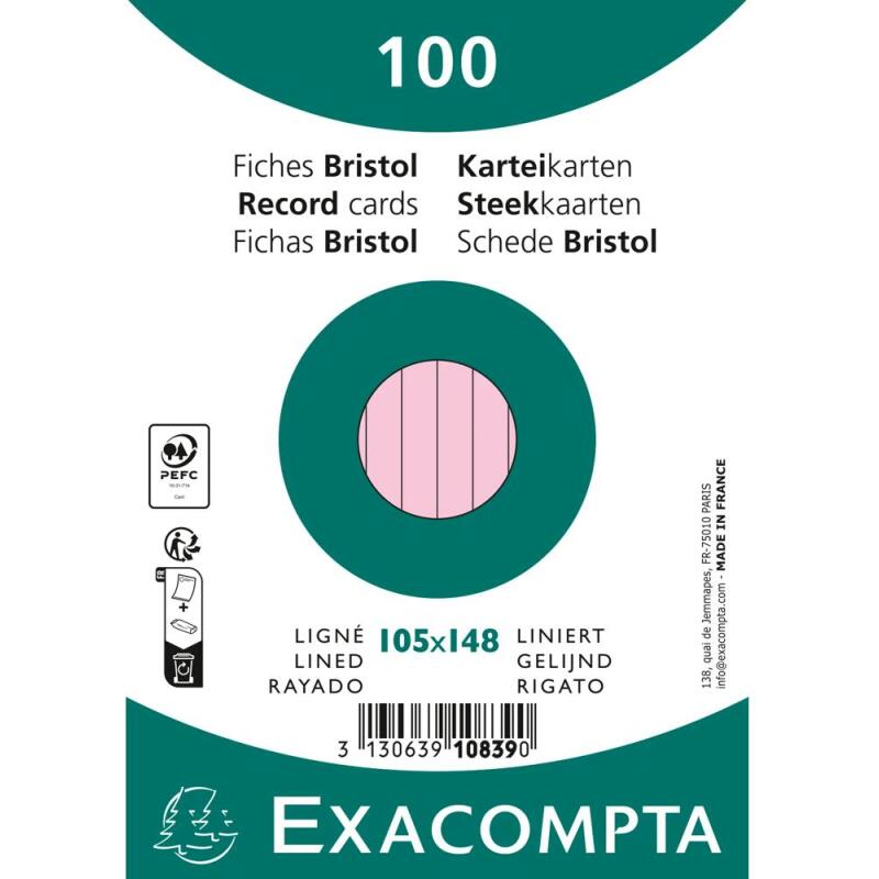 Paquet 100 fiches sous film - bristol ligné non perforé 105x148mm - Rose