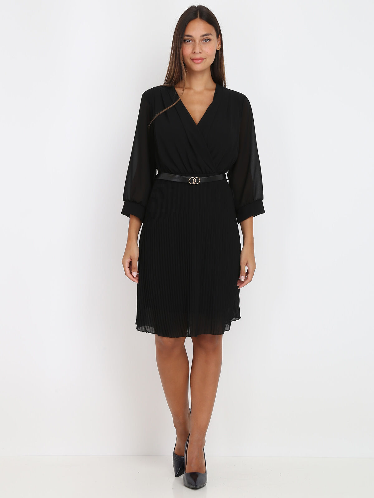 Robe cache-coeur plissée ceinturée- Noir