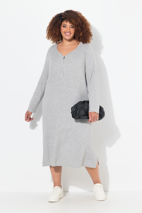 Rippjersey-Midikleid, Zipper, A-Linie, V-Ausschnitt, Langarm