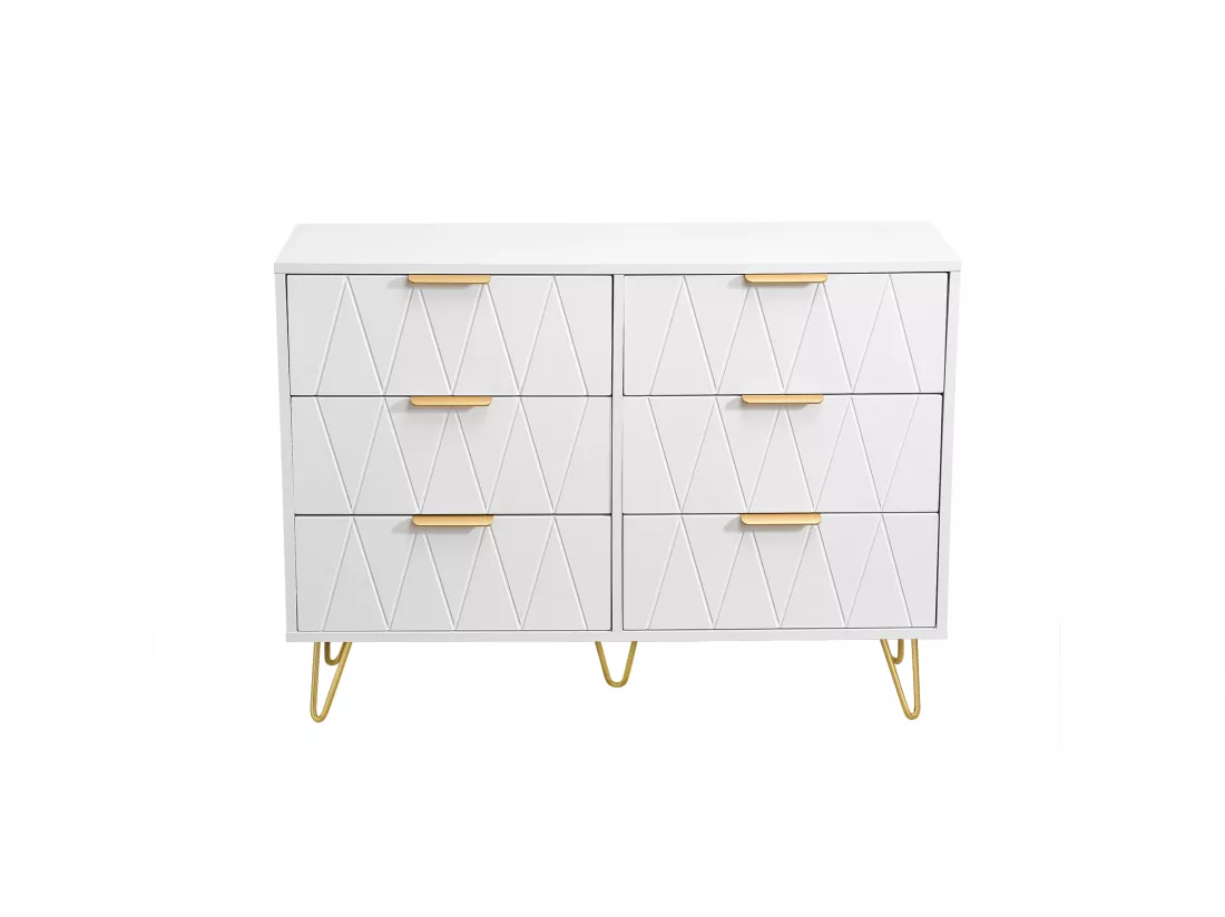 Buffet bas avec 6 Tiroirs - Commode - Bois MDF et métal doré - 100 x 34 x 73cm - Blanc