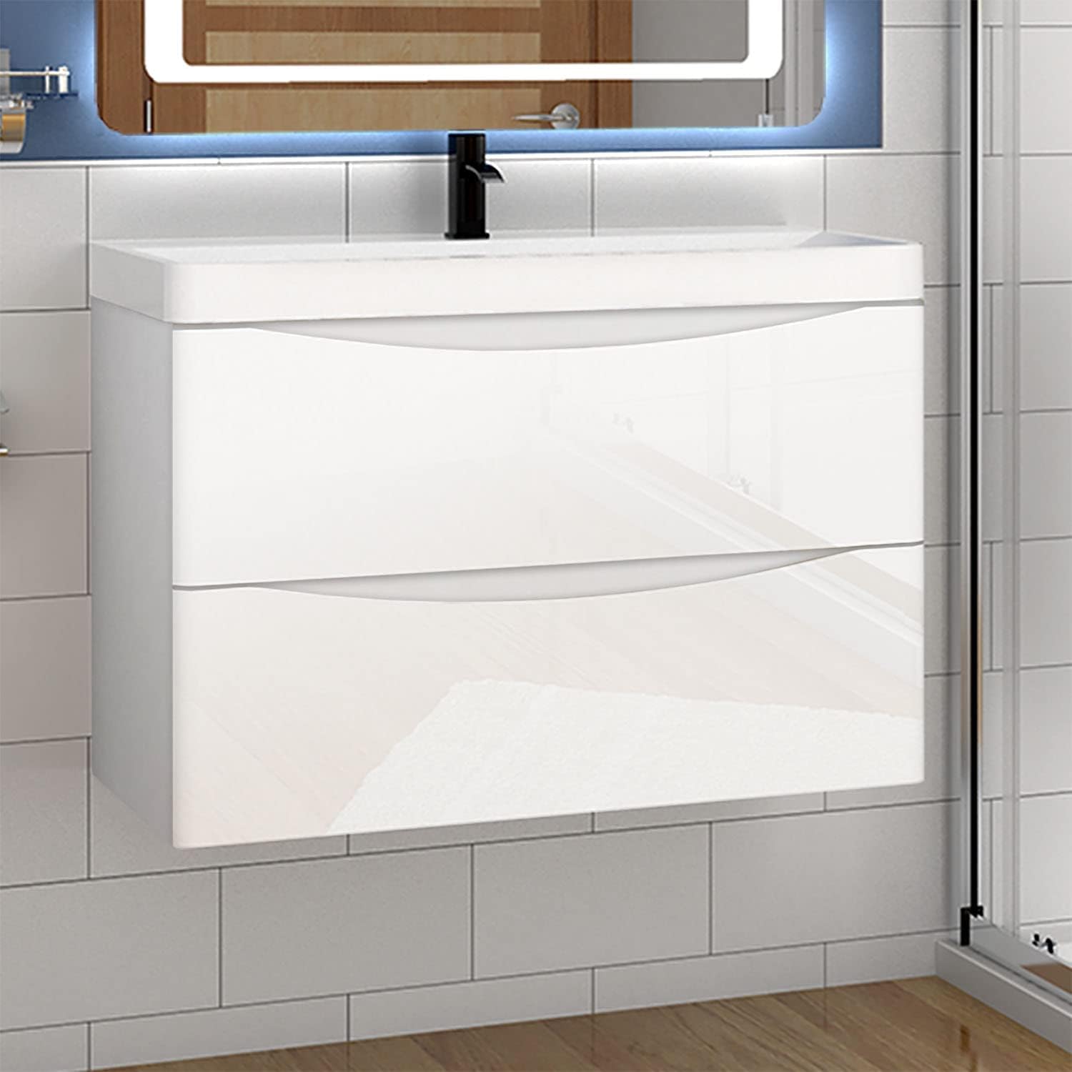 Aica Sanitär Badmöbel Set Weiß Hochglanz 80 cm Sofia Waschbecken mit Unterschrank Waschtisch