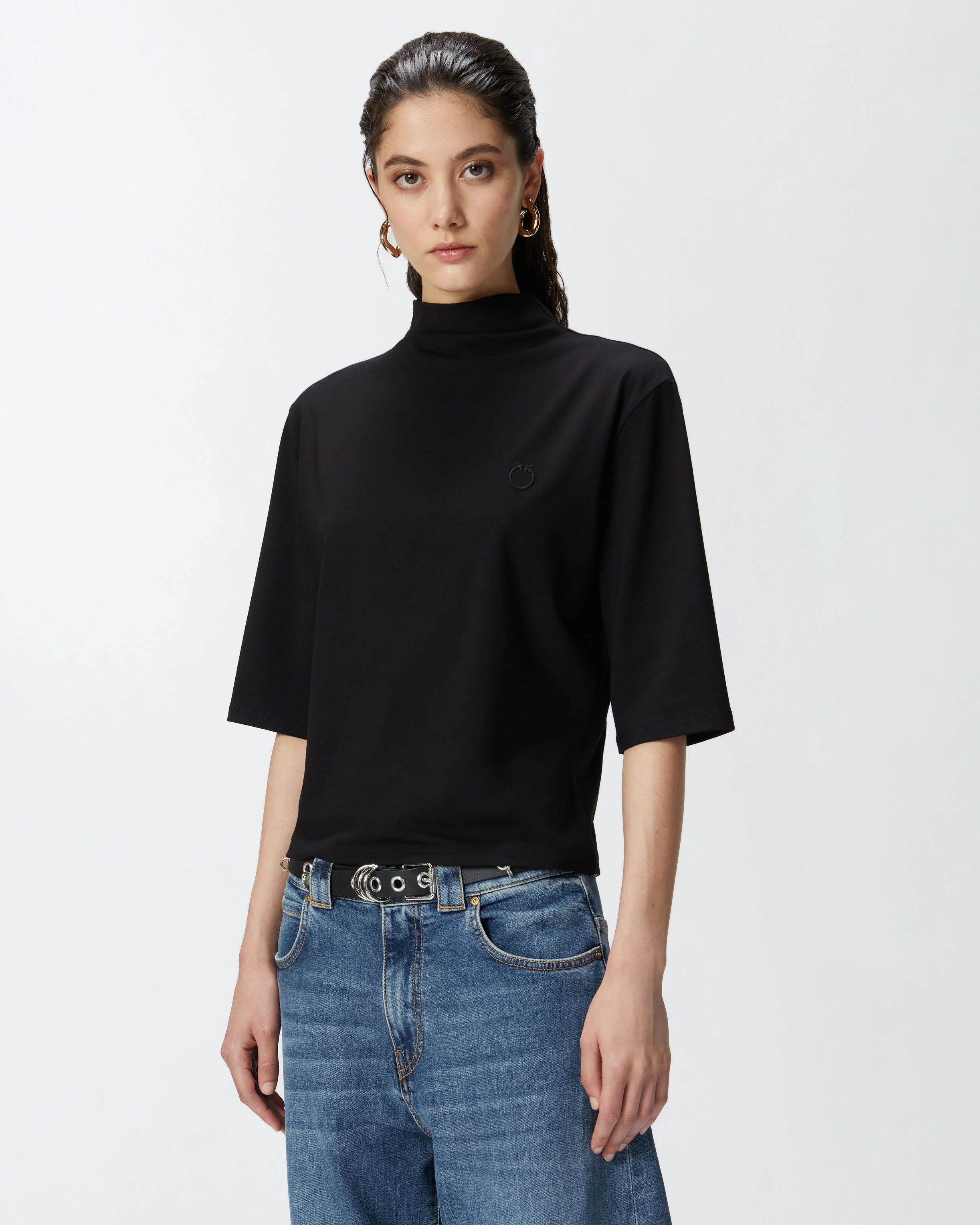 T-shirt à manches trois-quarts avec logo brodé | Noir
