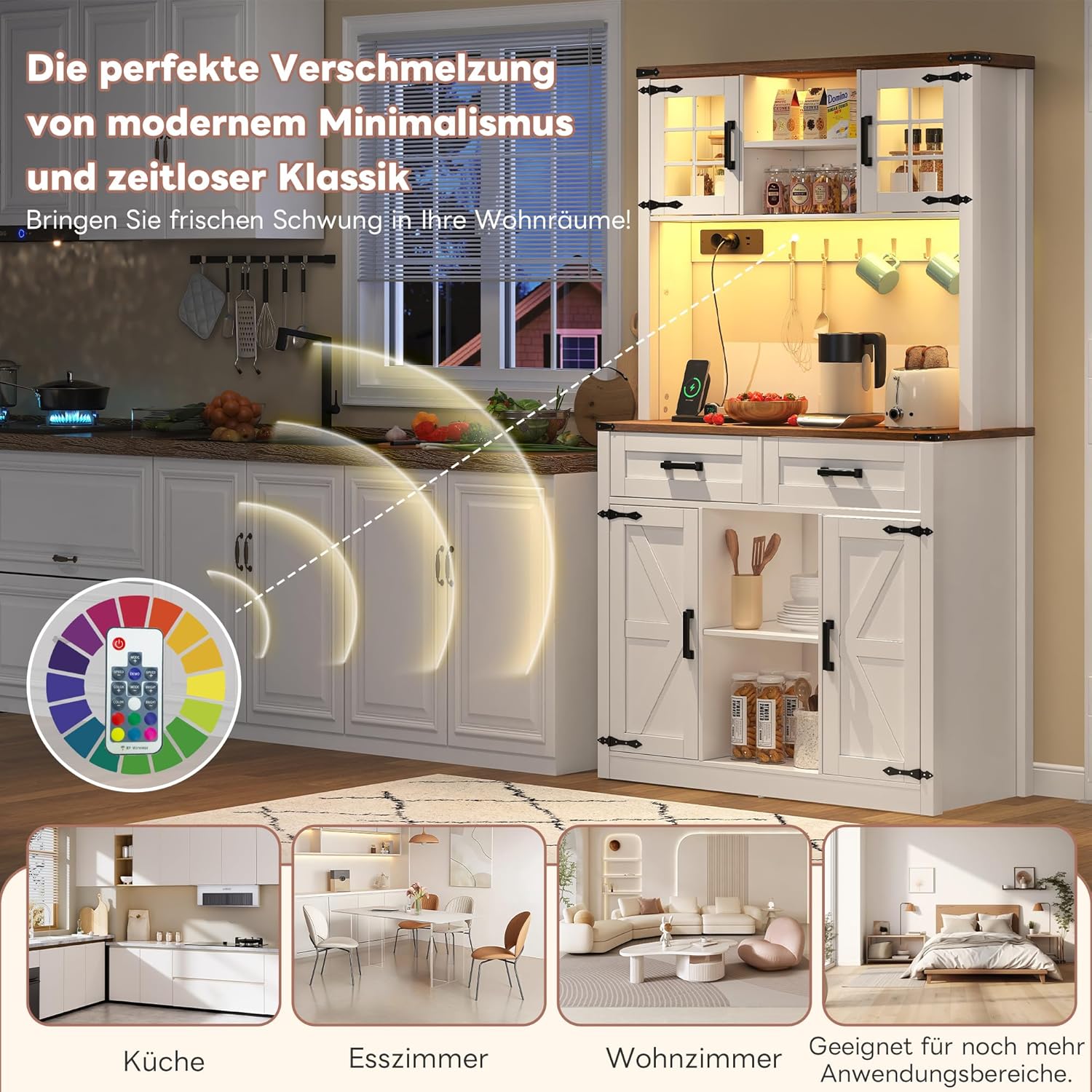 Merax Küchenschrank Buffetschrank, Hochschrank mit LED-Beleuchtung und Steckdosen, Küchenbuffet mit Arbeitsplatte und 2 Schubladen, rustikaler Kaffeebar-Sideboard-Tisch, Weiß, 100x40x172 cm