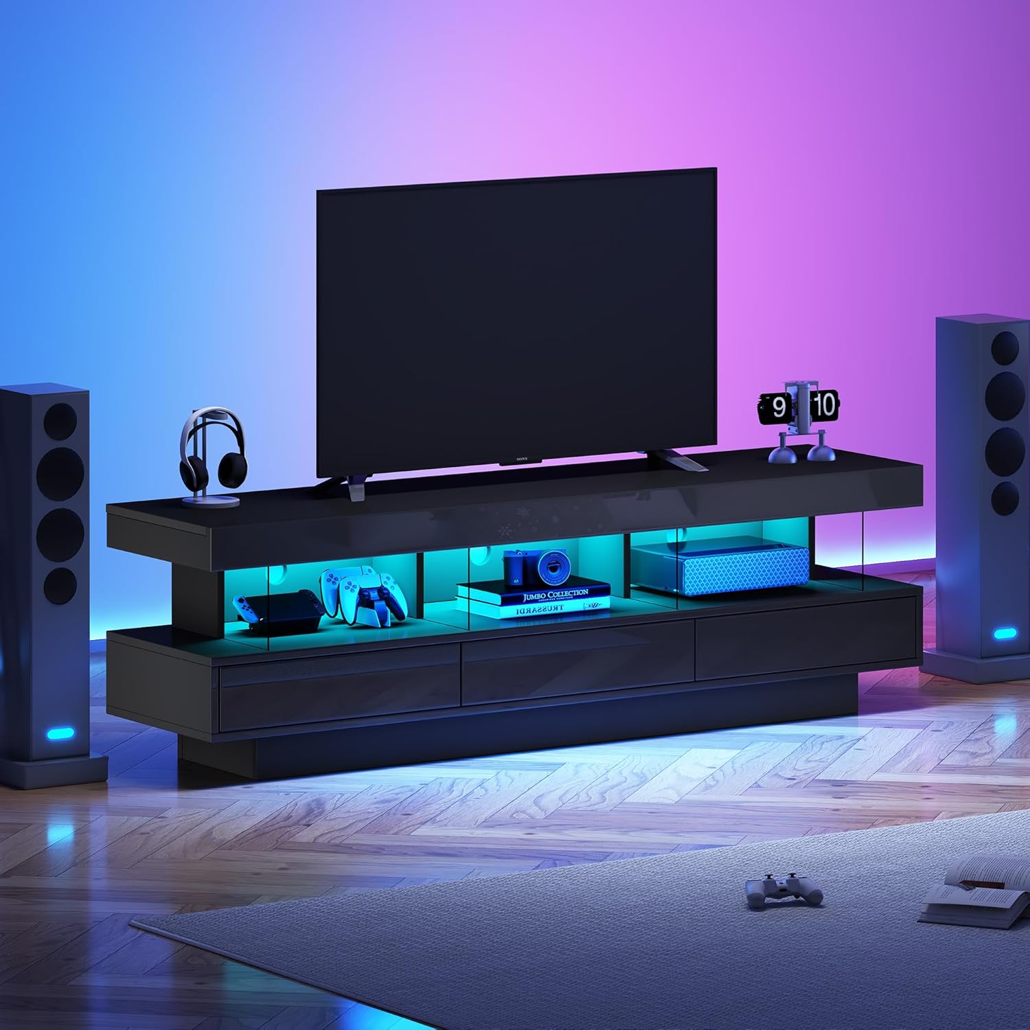 Fernsehschrank Schwarz Led, Hochglanz TV Schrank mit 3 Glasablagen, LED-Beleuchtung, App-Steuerung, Bluetooth-Konnektivität für 70 Zoll Fernseher, 160 * 38 * 50,5 cm
