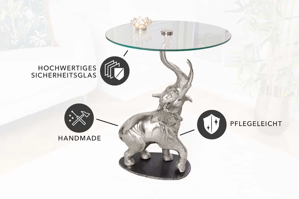 Runder Beistelltisch ELEPHANT 80cm silber Metall Glas Marmor Skulptur handmade