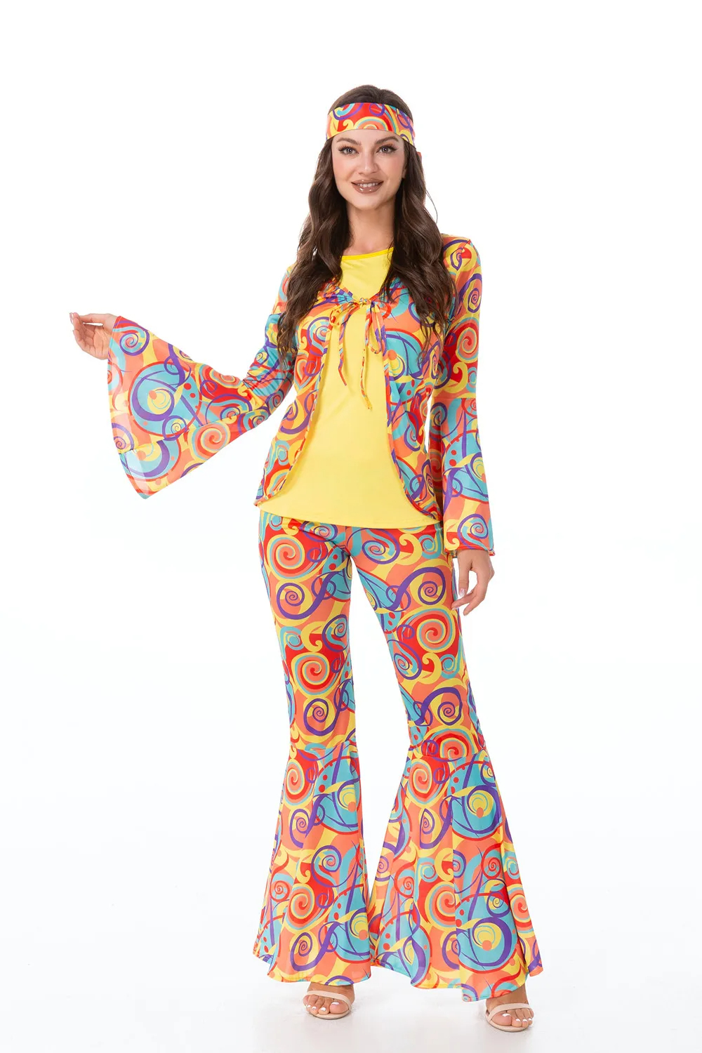 (165-170cm) Fasnachts Erwachsenen Kostüm Retro Hippie Anzug 70er Jahre Verkleidung für Motto Partys / Halloween inkl. Kopftuch - Bunt