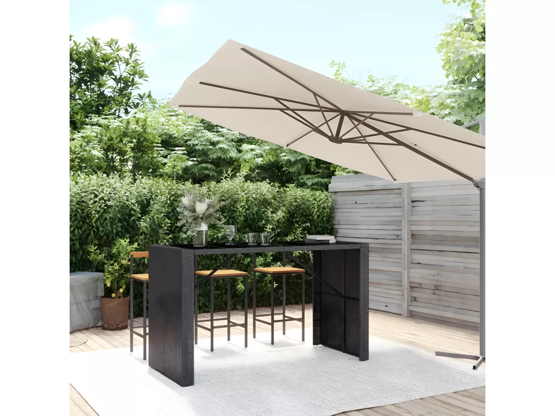 Prolenta Premium - Table de bar et dessus en verre noir 185x80x110 cm poly rotin