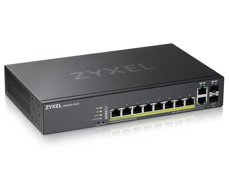 Zyxel PoE  Switch GS2220-10HP 10 Port 8-Port-GbE-Switch, Layer 2 managed, 8x GbE PoE 802.3at RJ-45 Ports, 2x GbE Combo-Port