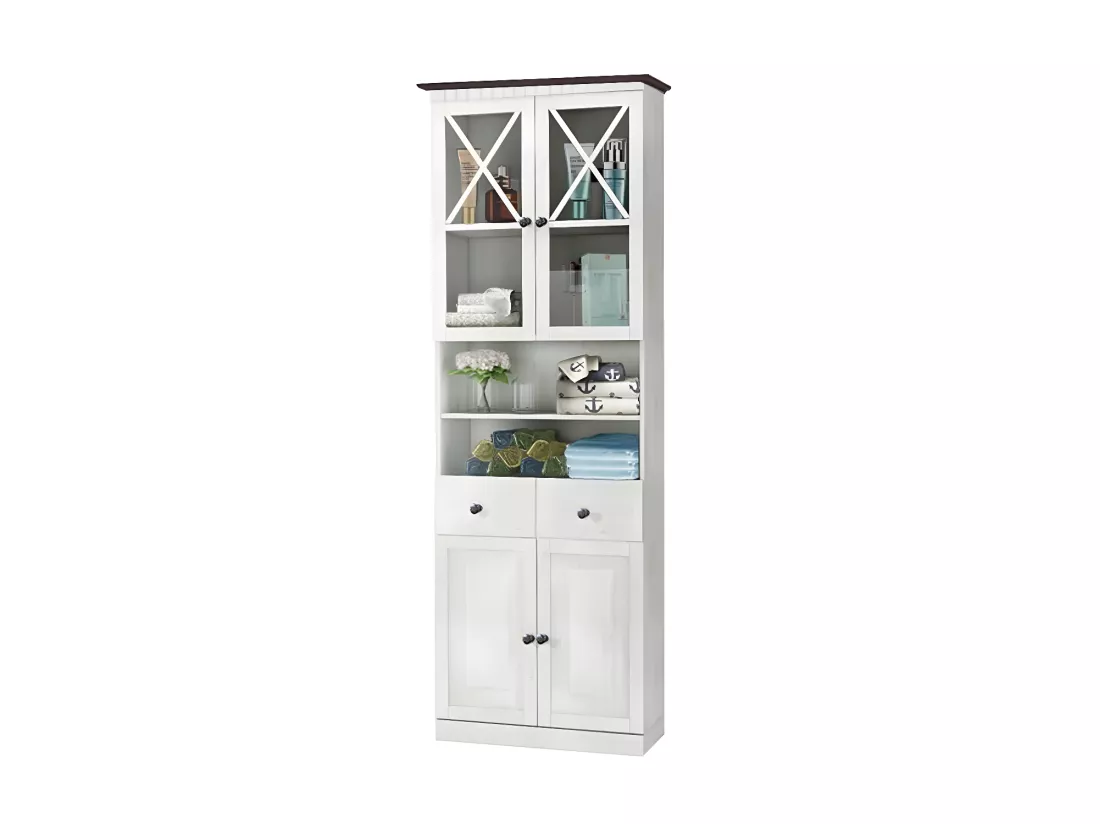 Cornelia | Meuble haut avec 2 tiroirs et 2+2 portes en pin blanc