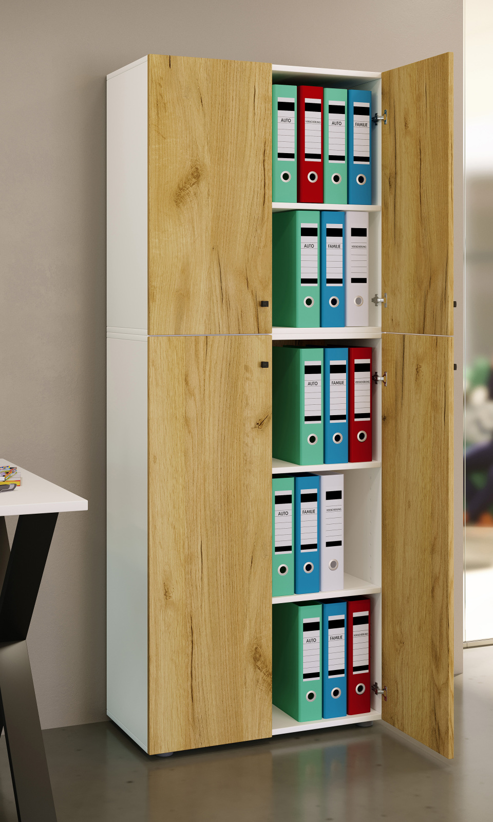 Büroschrank LONA XXL - Honig Eiche - weiß - mit Drehtüren - 183 cm hoch