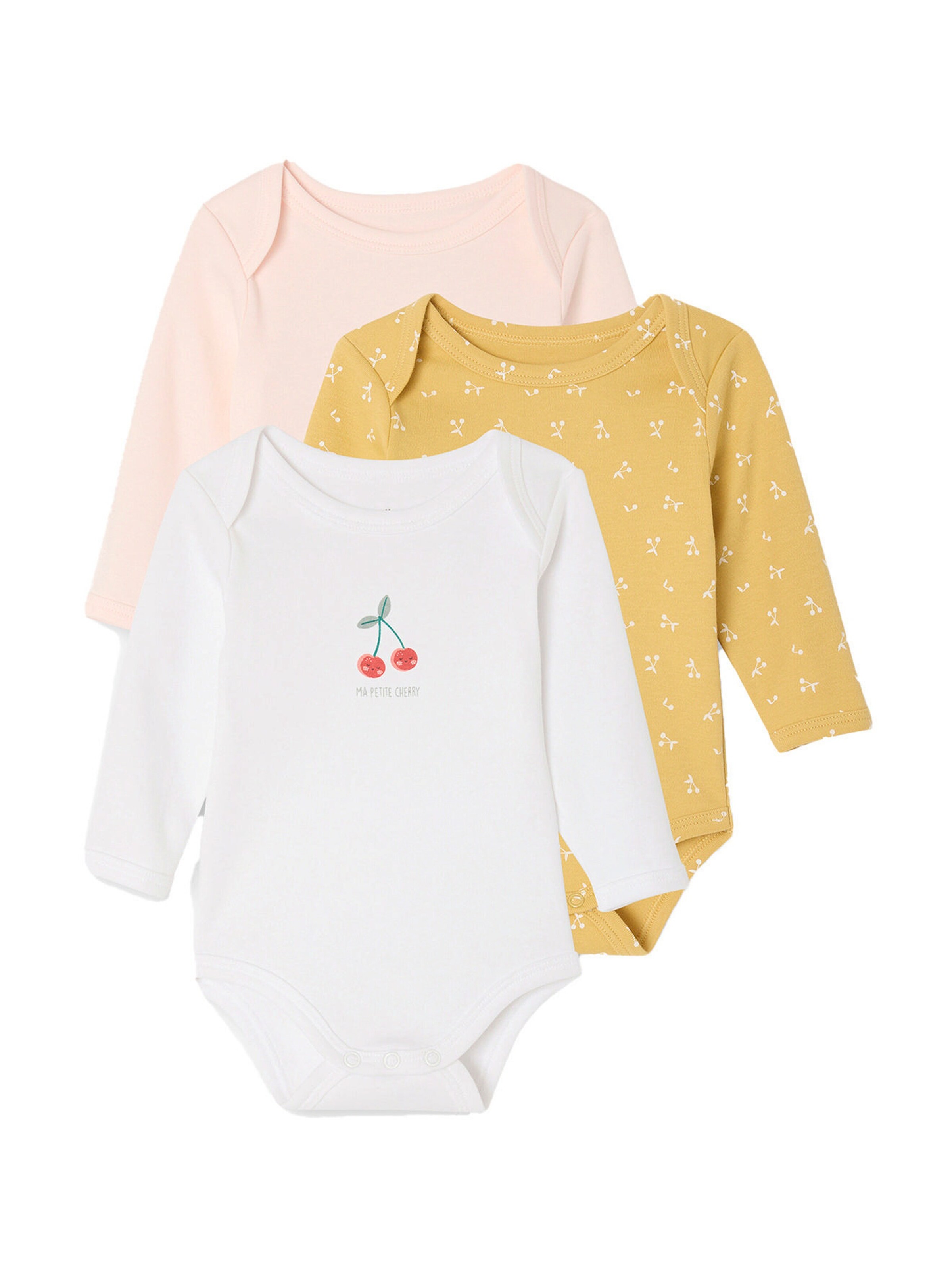 Vertbaudet Bio-Kollektion: 3er-Pack Baby Schlupfbodys mit langen Ärmeln, Kirschen hellrosa