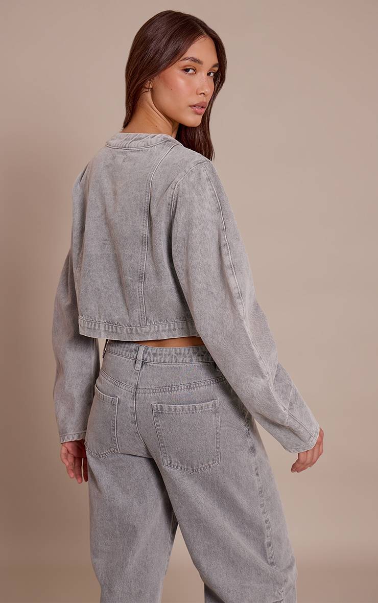Gris Veste En Jean Courte À Col En V Et Ourlet Arrondi