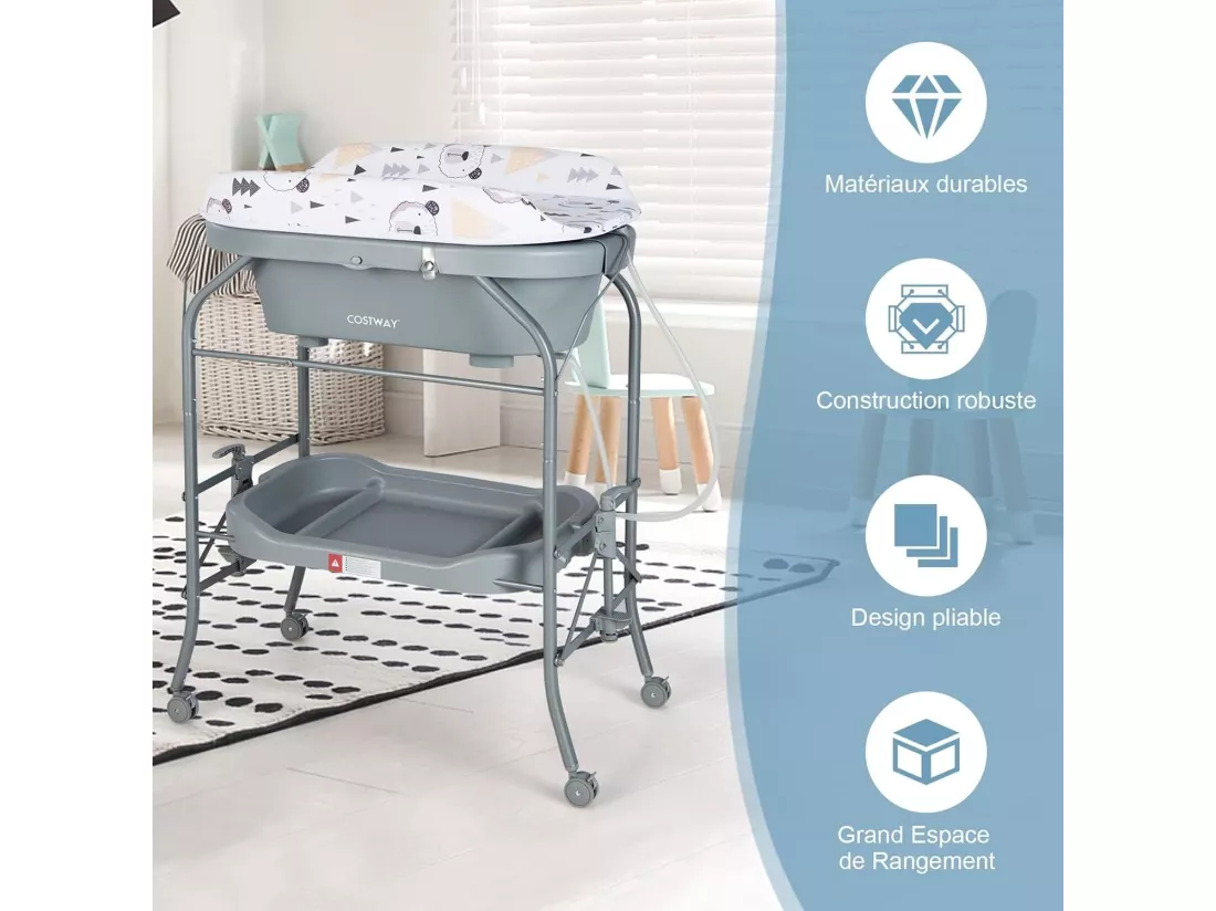 Table à Langer 2 en 1 avec Baignoire 20L Plateau de Rangement, Commode à Langer Pliable Couches Étanches Roue Universelle à Frein Charge 35KG, pour Bébé 0-12 Mois,Gris
