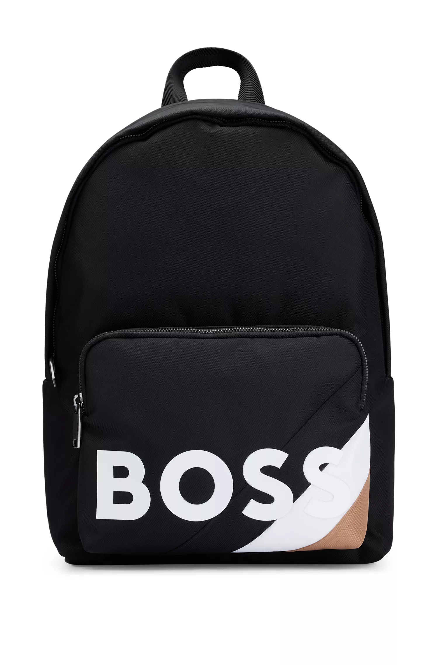 Mochila BOSS preta com zíper, logotipo e faixa característica.