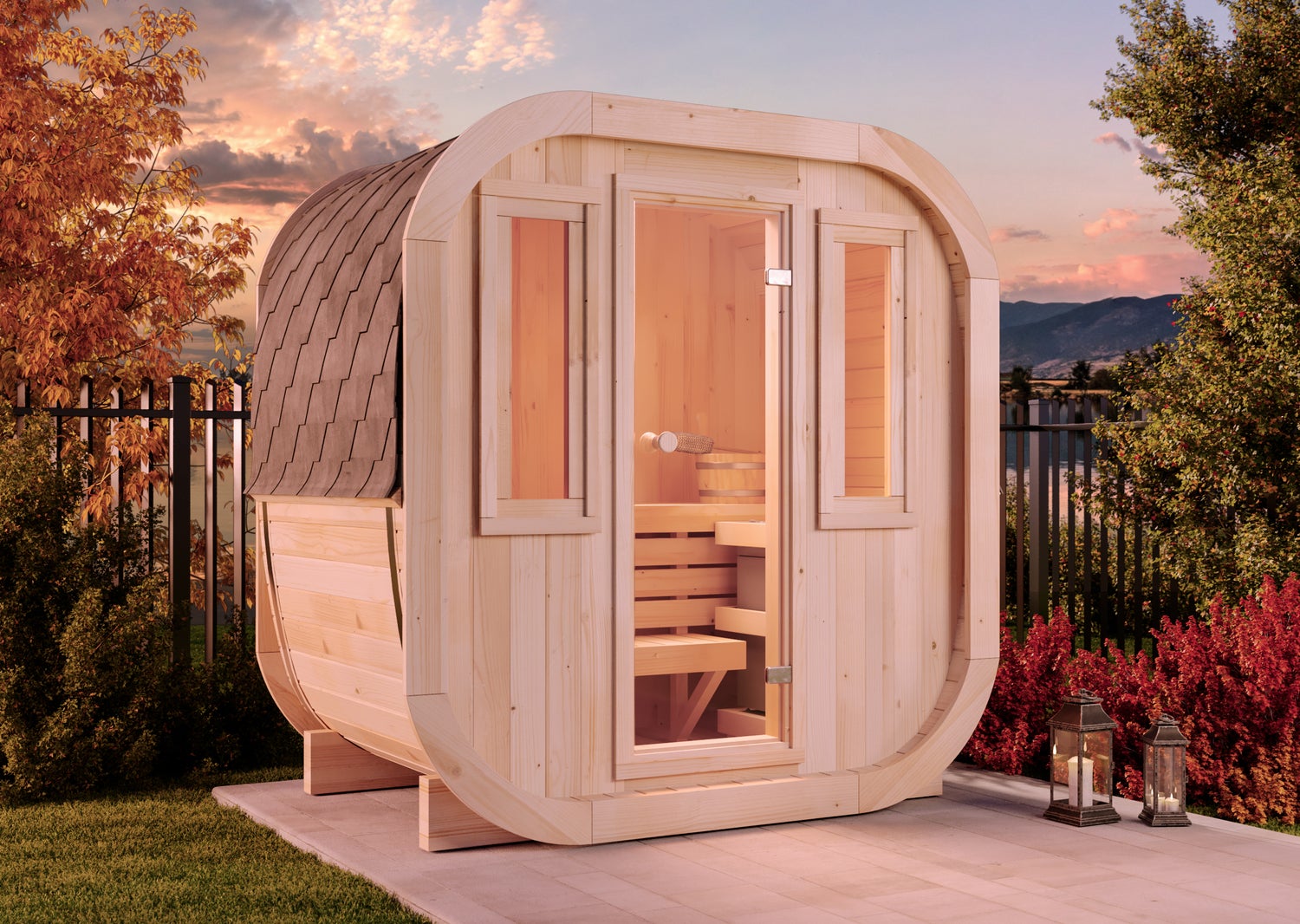 FinnTherm ScandiCube Mini XXS Barrelsauna met 1 houten bank, 42 mm wanddikte, buitensauna met bevestigingsmateriaal, 2 ramen, natuurlijke afwerking, 2,1 x 1,3 m