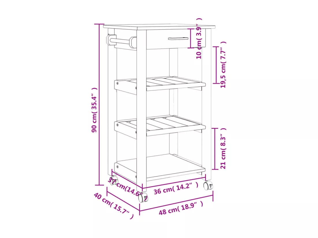 Chariot de cuisine MONZA 48x40x90 cm bois massif de pin