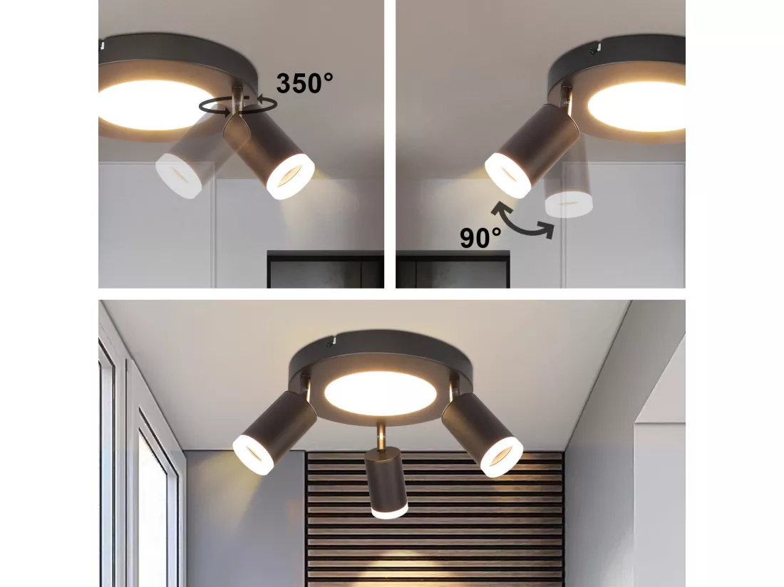 NETTLIFE Spot de plafond 3 ampoules GU10 20W chambre 3000k lampe cuisine noire orientable 350 orientable en métal
