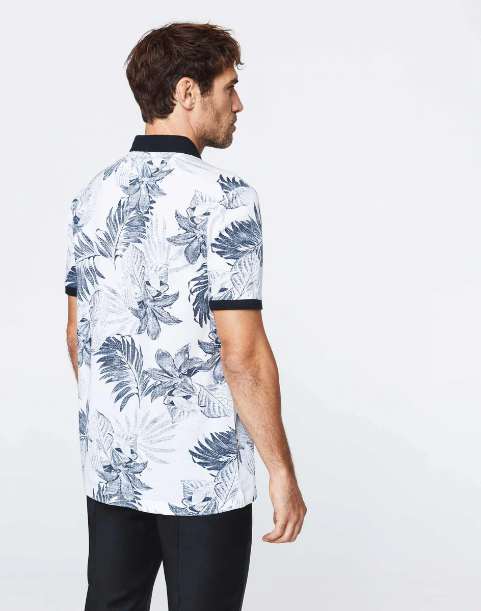 Polo blanc fleurs tropicales