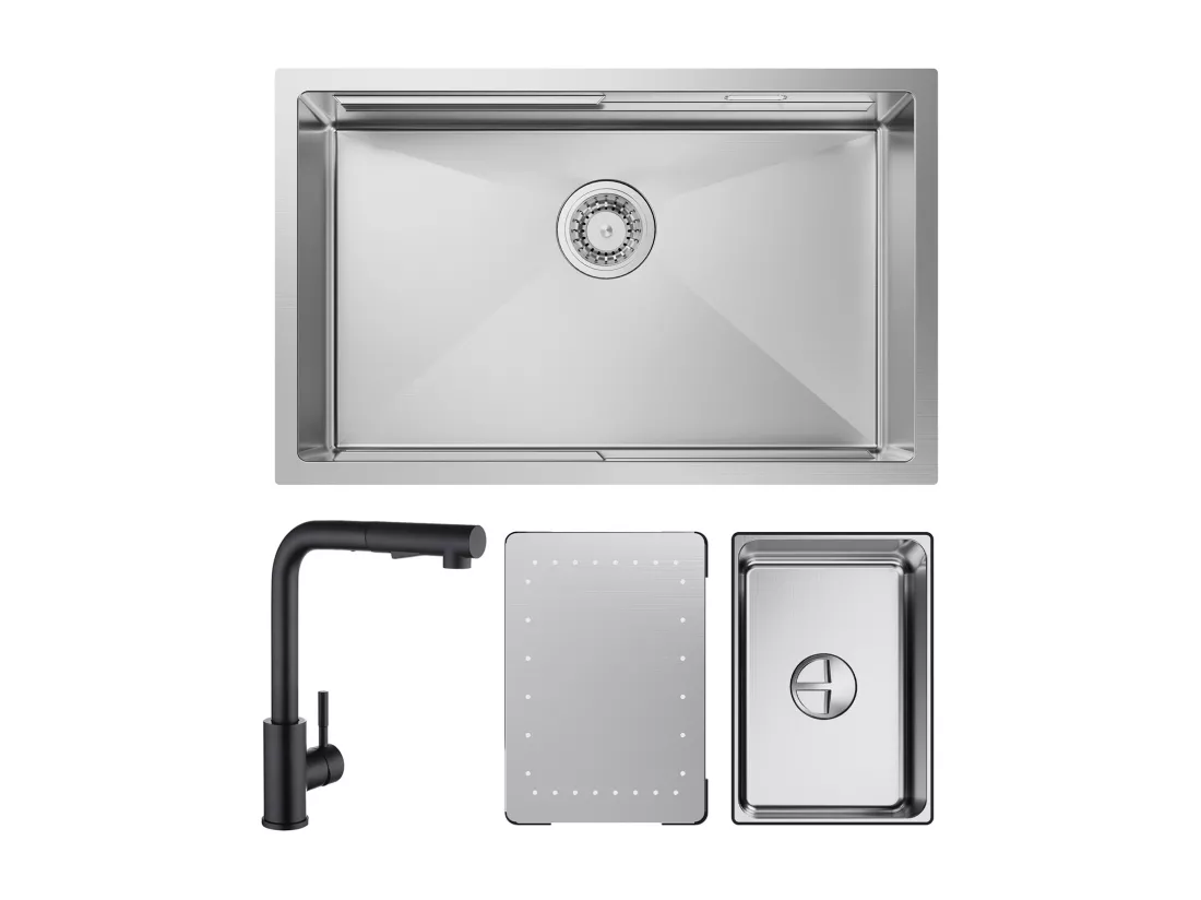 Cecipa max Évier Cuisine 1 Bac 70×44×21CM Évier à Encastrer Inox Brossé avec Egouttoir et Vasque + Mitigeur Cuisine avec Douchette Extractible Noir