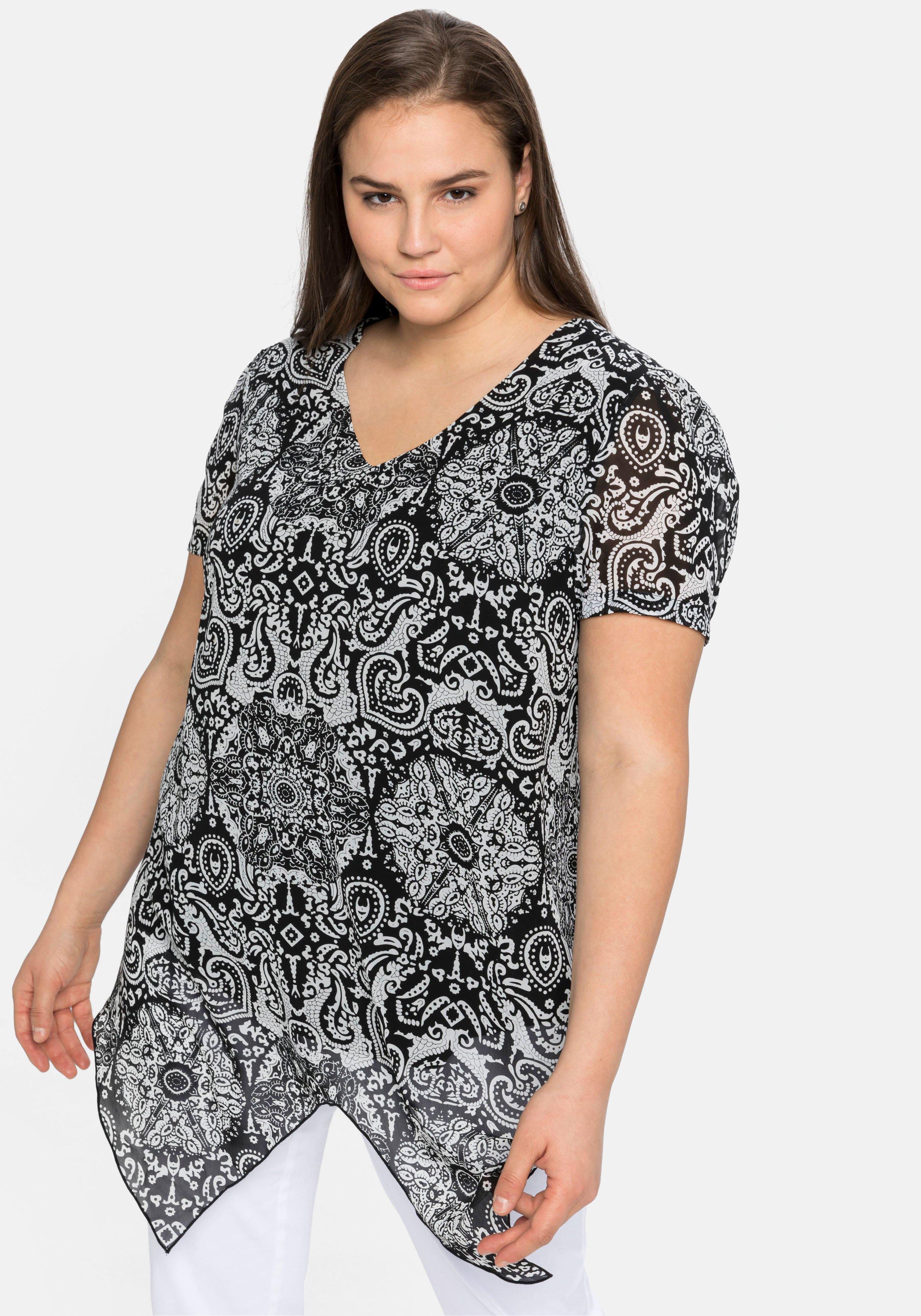 Chiffon-Tunika mit Alloverdruck und Zipfelsaum