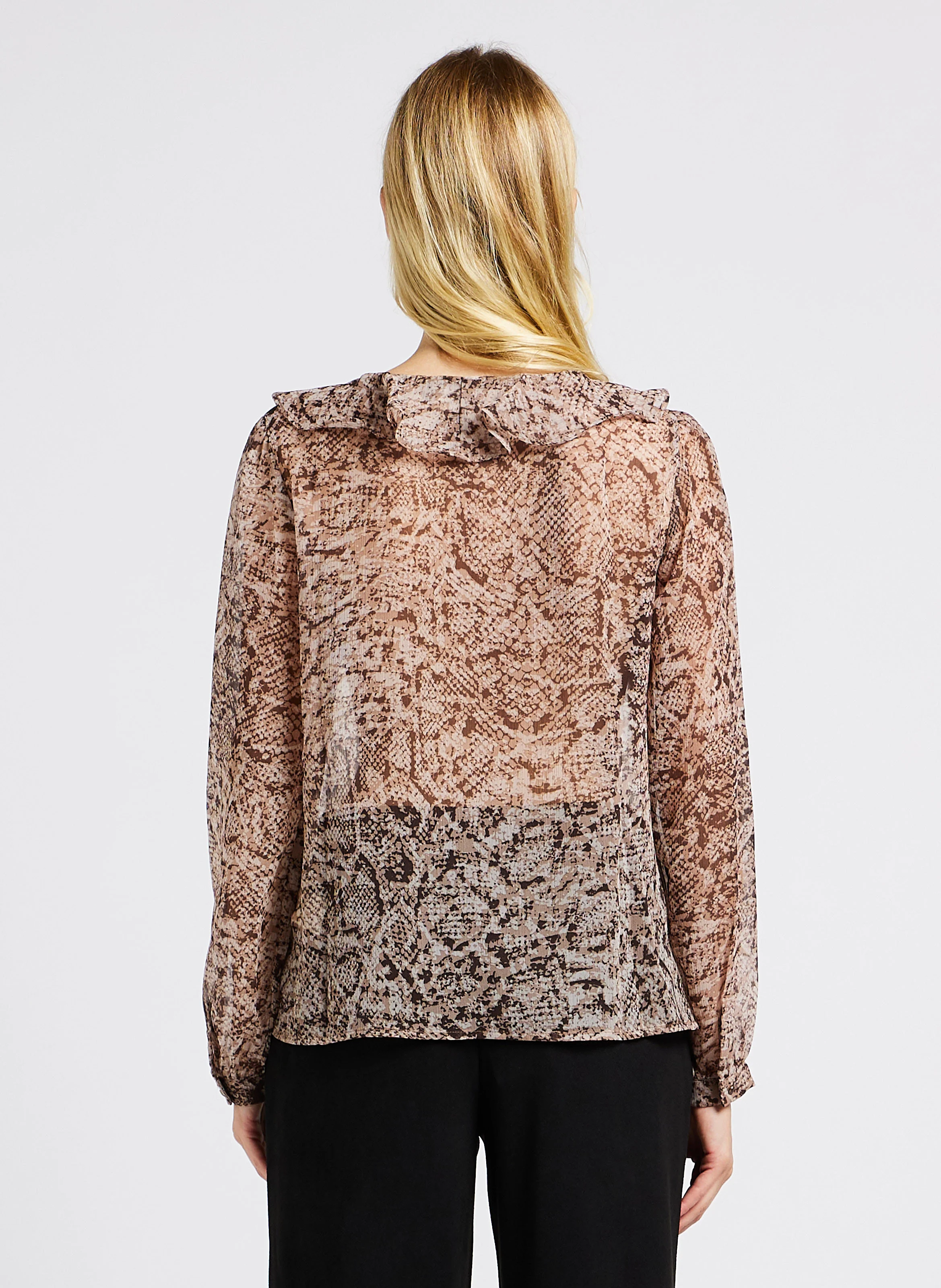 LISANE - Top col V imprimé python à volants| Beige