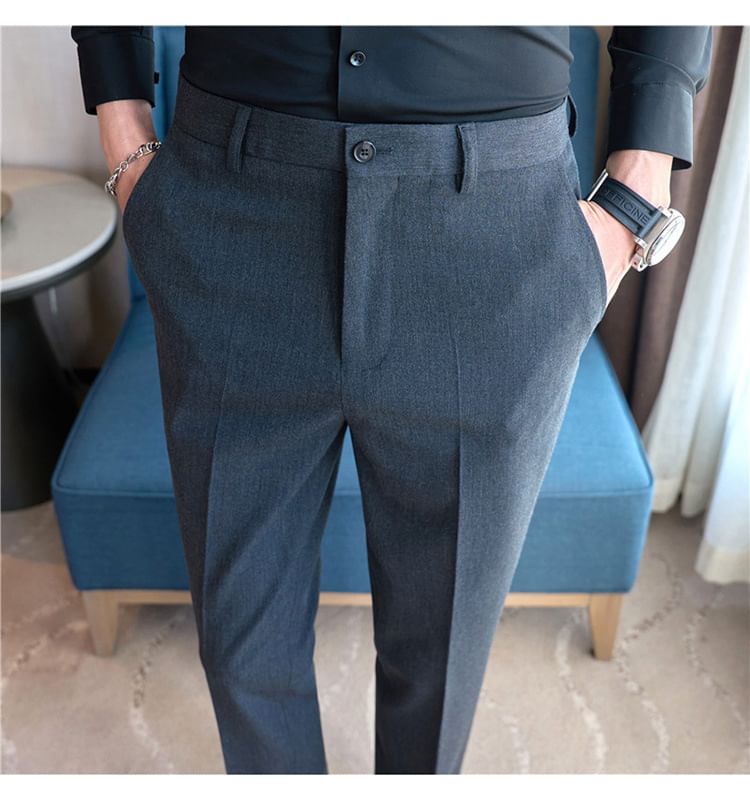 Lefitt - Mid Rise Plain Cropped Straight Leg Dress Pants