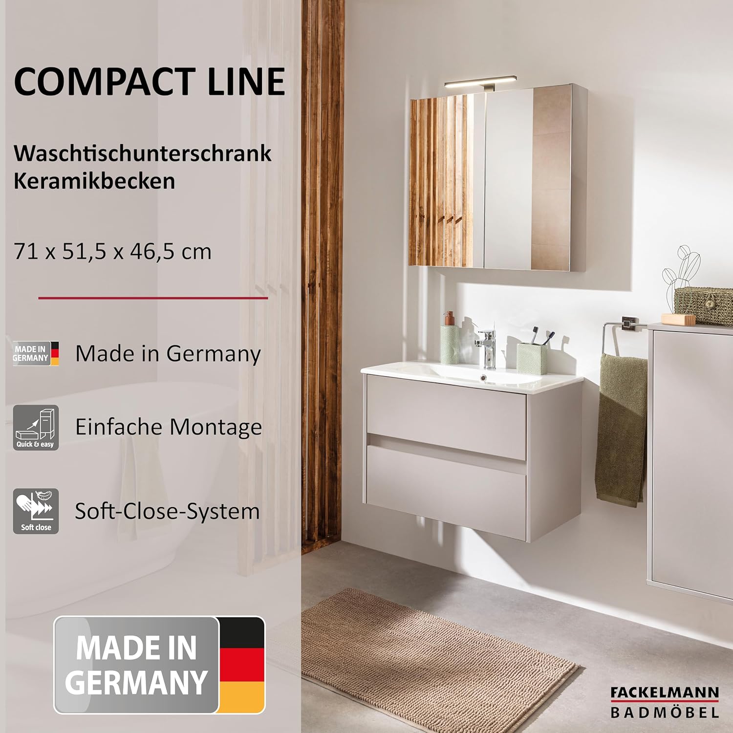 FACKELMANN Compact Line Waschbeckenunterschrank mit Keramikwaschbecken – 2-teiliges Badmöbel-Set in Kaschmir/grau, 71cm breit, 2 Schubladen, wechselbare Griffleiste – Made in Germany