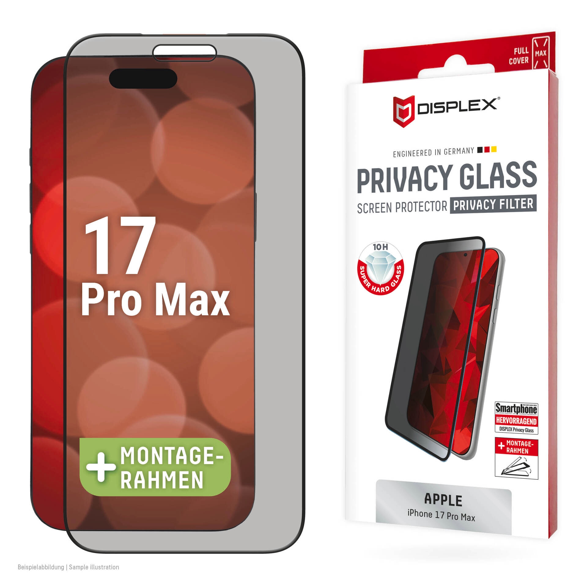 Displex Displayschutzglas »Privacy Glass Screen Protector« für Apple iPhone 17 Pro Max Displayschutzfolie, Schutzfolie, Bildschirmschutz, kratz- & stossfest