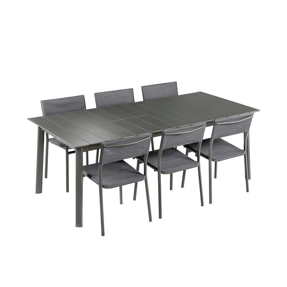 Set 1 Gartentisch 6-8 Personen ausziehbar und 6 Gartenstühle Oron Aluminium-Latten Titane