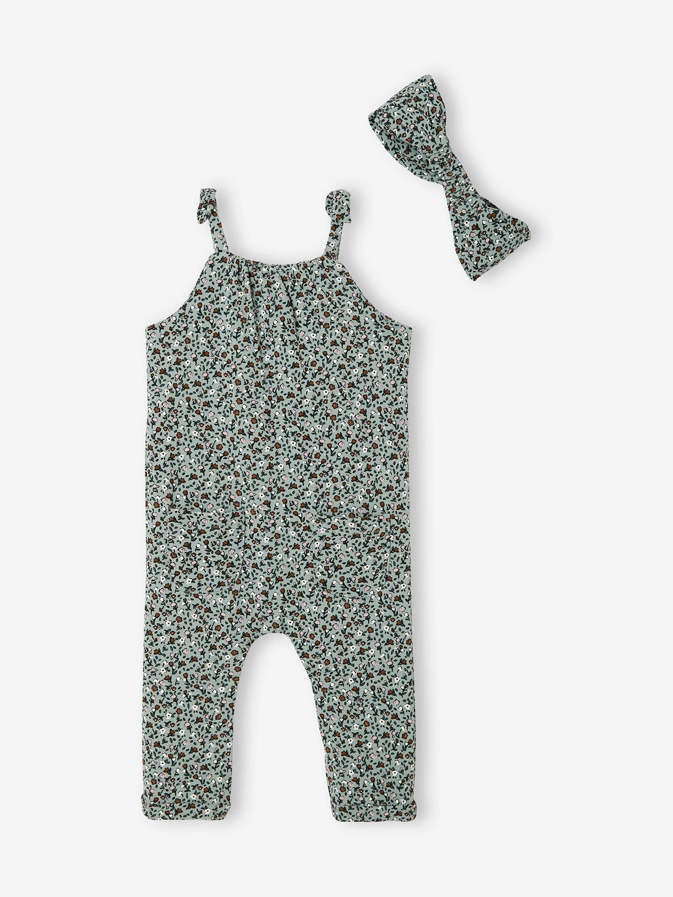 Conjunto de body e faixa de cabelo de pelúcia estampada verde-médio para bebê menina