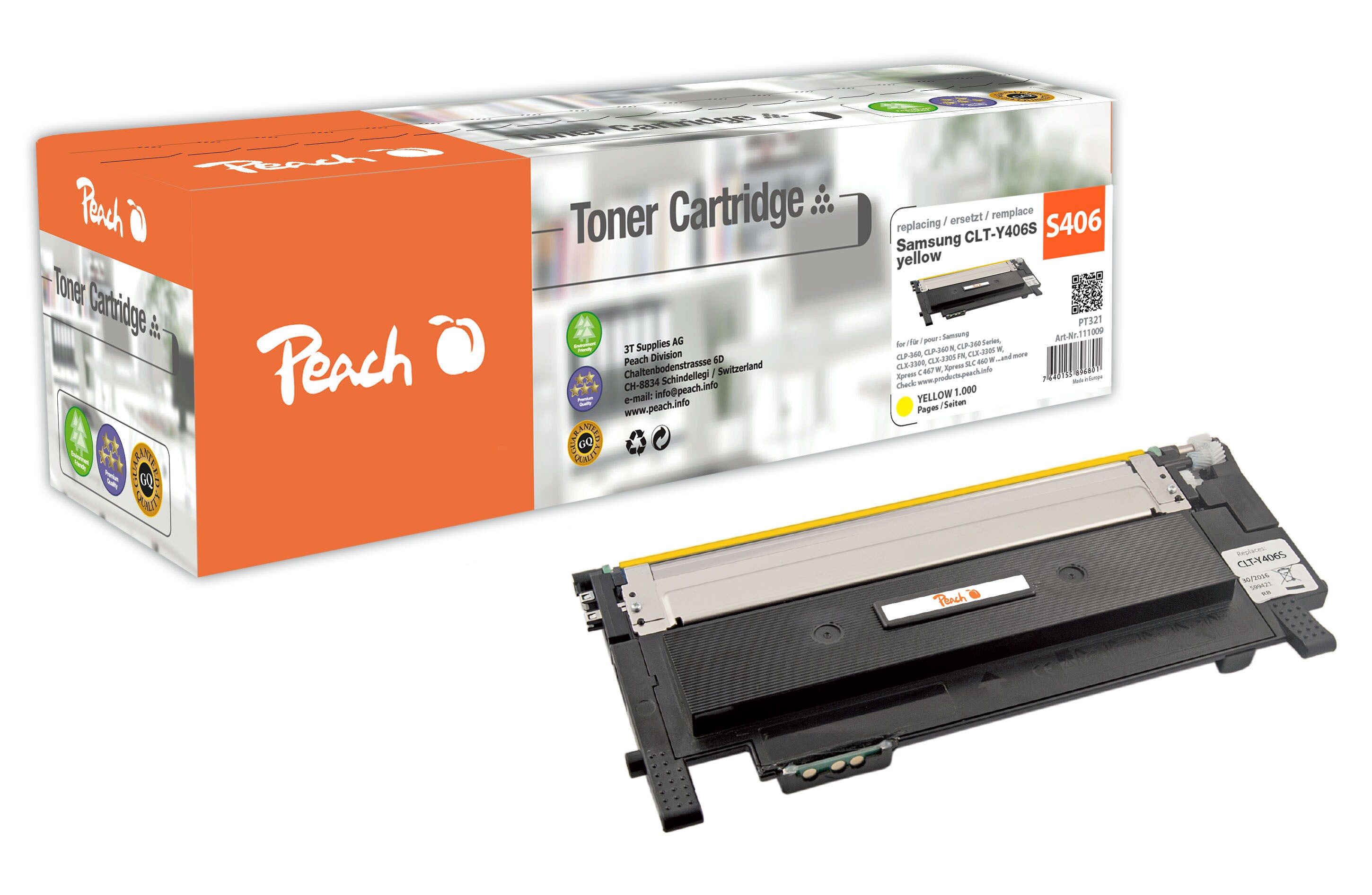 Peach S406Toner ye ersetzt Samsung CLT-Y406S/ELS, SU462A für z.B. Samsung Xpress C 460 W, Samsung CLP -360, Samsung CLP -360 N (wiederaufbereitet)