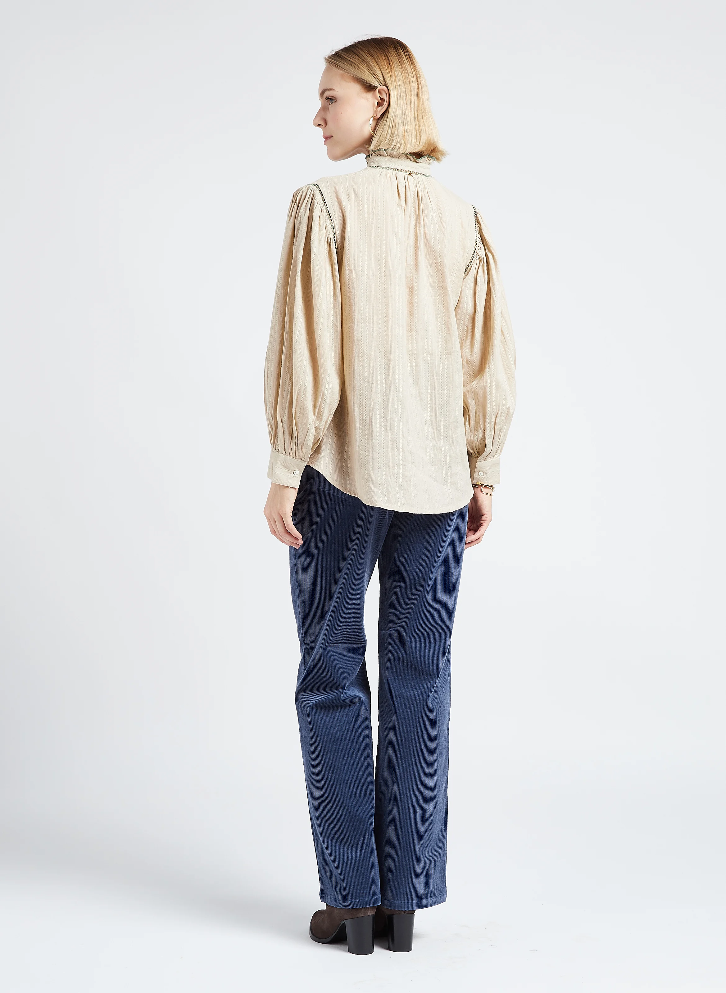 TILDA - Pantalon droit taille haute en coton mélangé | Bleu