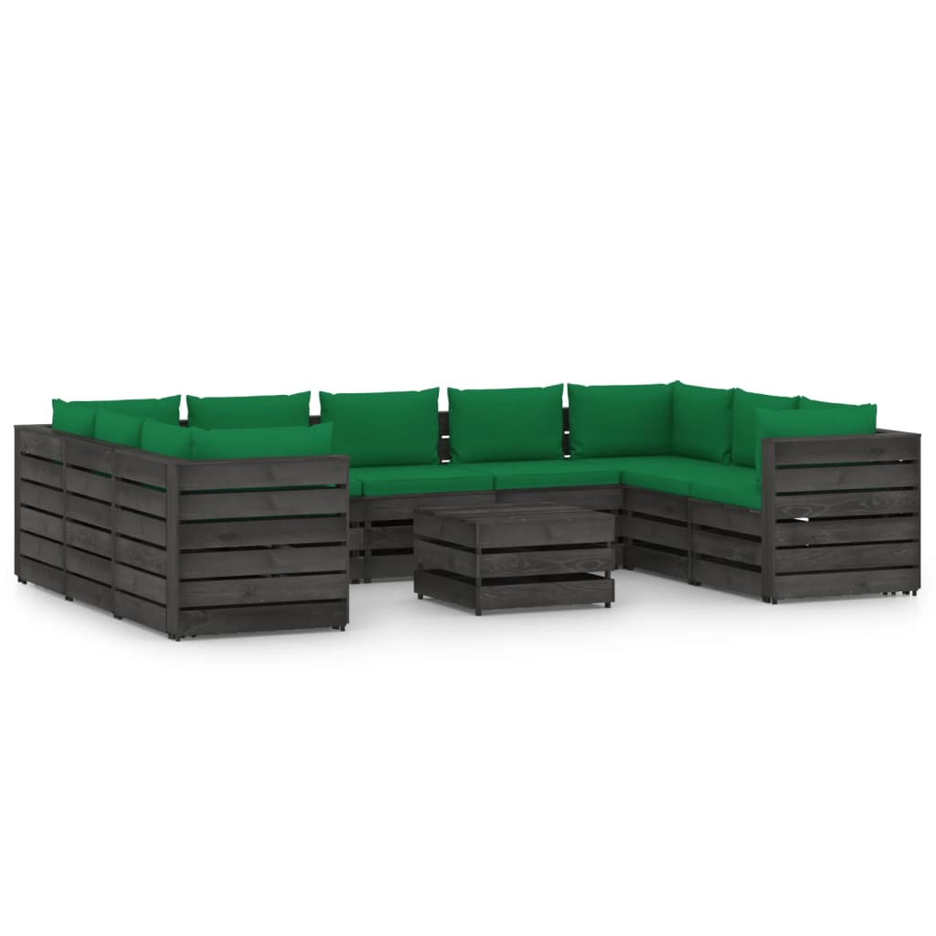Salon de jardin meuble d'extérieur ensemble de mobilier 10 pièces avec coussins bois imprégné de gris