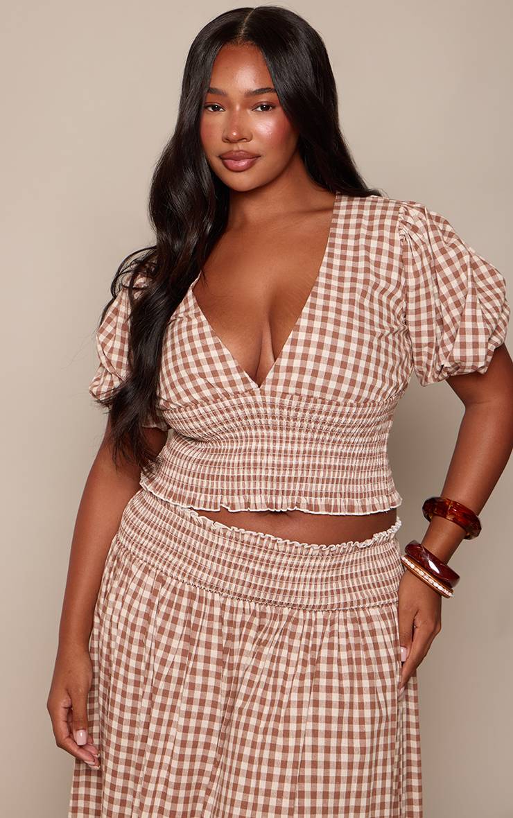 Toffee Haut Court À Carreaux Vichy Marron Avec Décolleté Plongeant Et Manches Bouffantes - Ensemble Coordonné Grande Taille